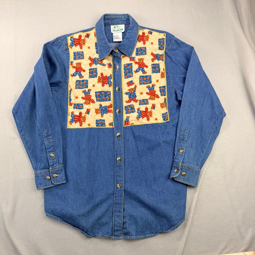 Quacker Factory Denim Shirt Medium Blue Patriotic Teddy Bear Americana Button Up